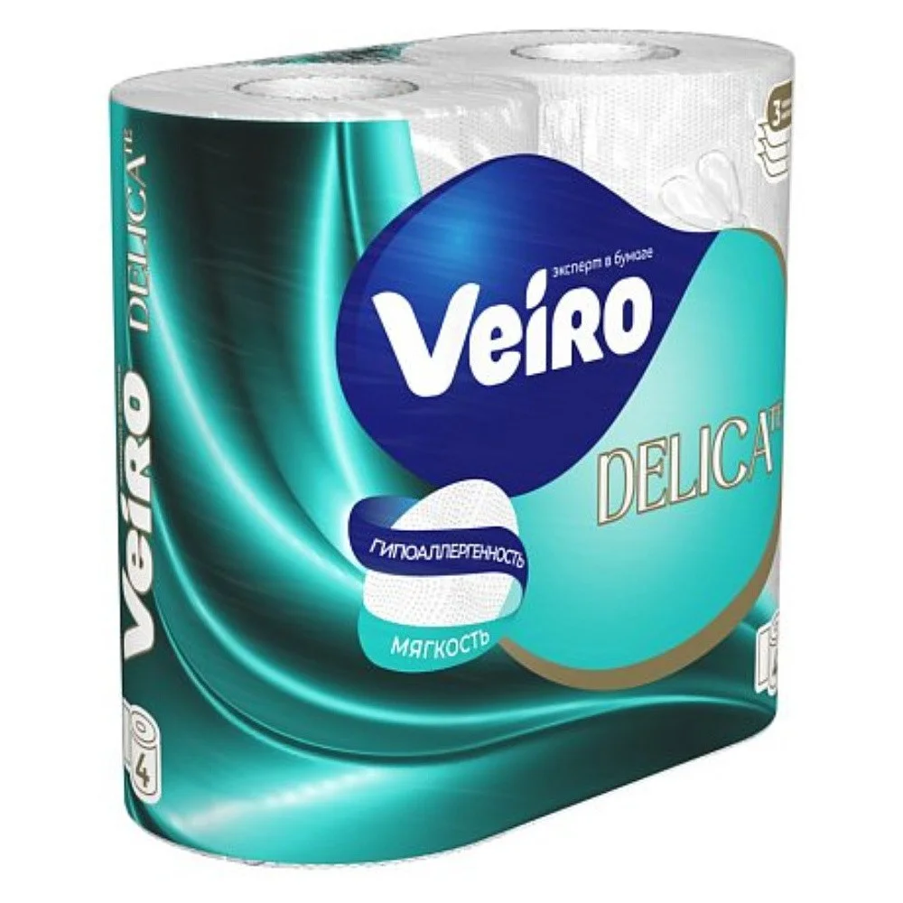 Бумага туалетная Veiro DELICATE 3-слоя, белая, 4 шт